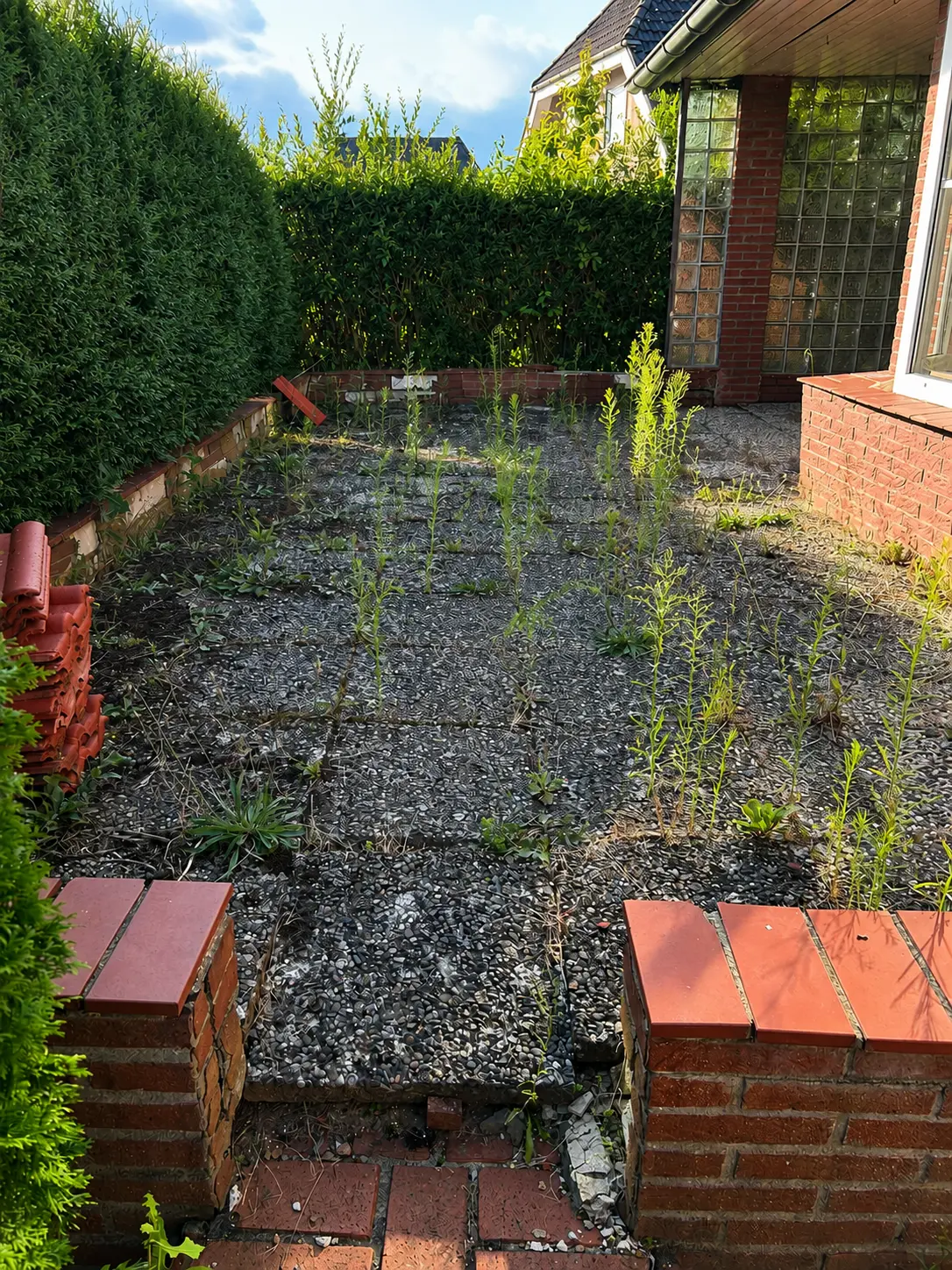 Projekt 01 vorher: stark von Unkraut bewachsene Terrassenfläche